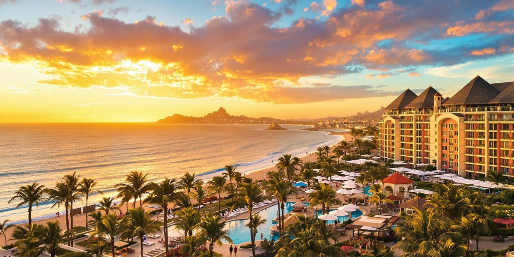 Luxurious Grand Solmar resort with ocean view at sunset.