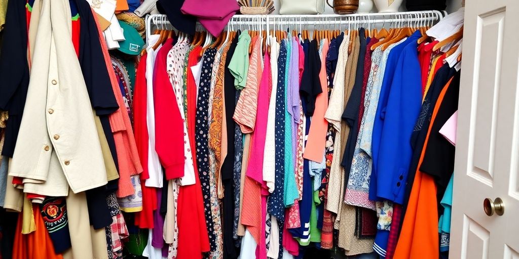 Cozy home closet filled with colorful clothes.