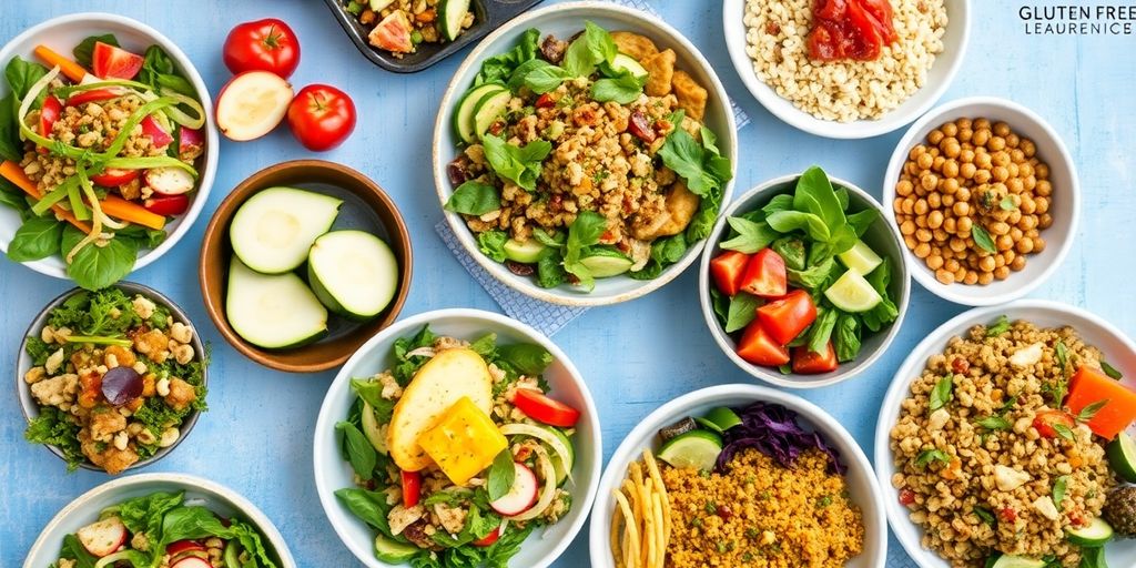 Colorful gluten-free lunch bowls with fresh ingredients.