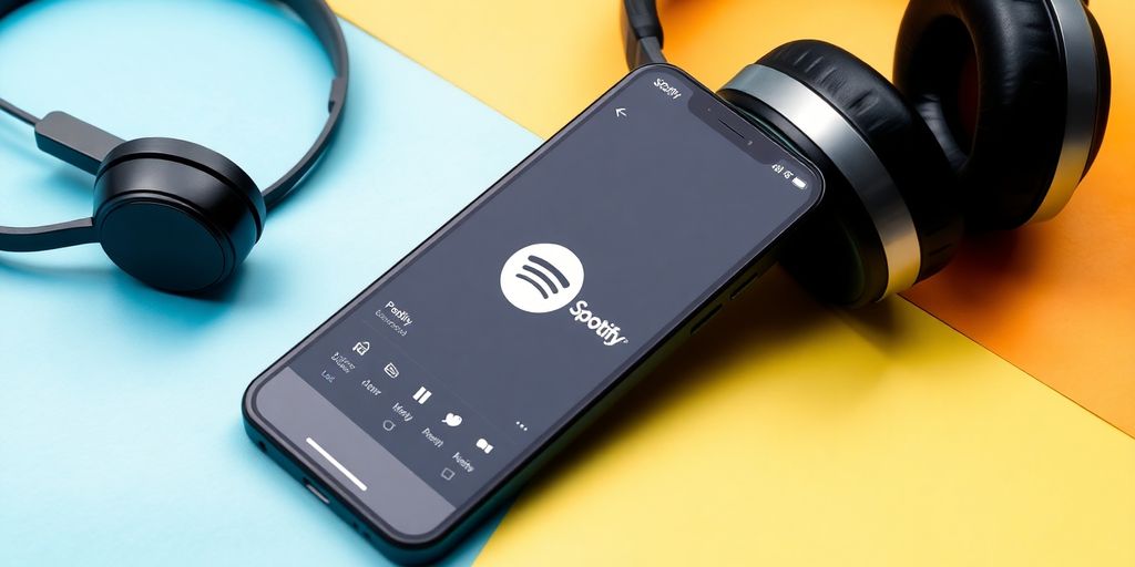 Logotipo de Spotify y auriculares sobre fondo vibrante.