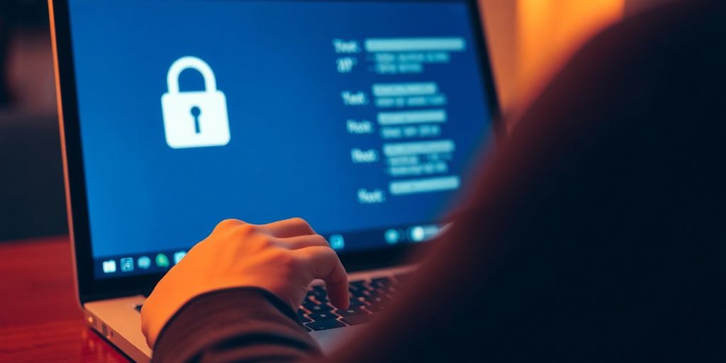 Pessoa digitando em um laptop com símbolo de cadeado.