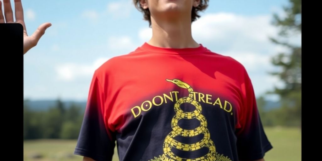 Person in a Don’t Tread on Me shirt outdoors.