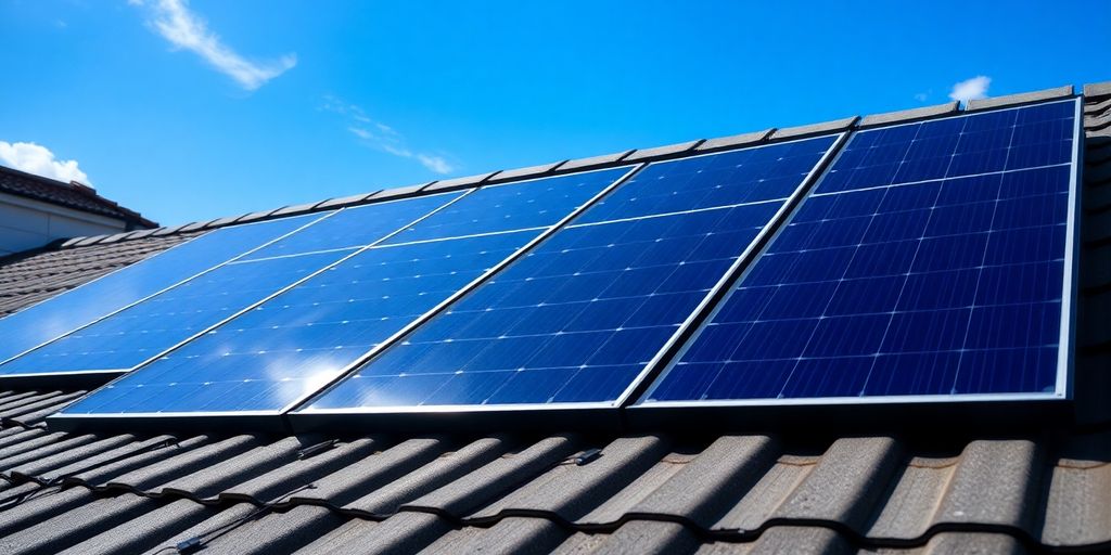 Solar panels on a sunlit rooftop