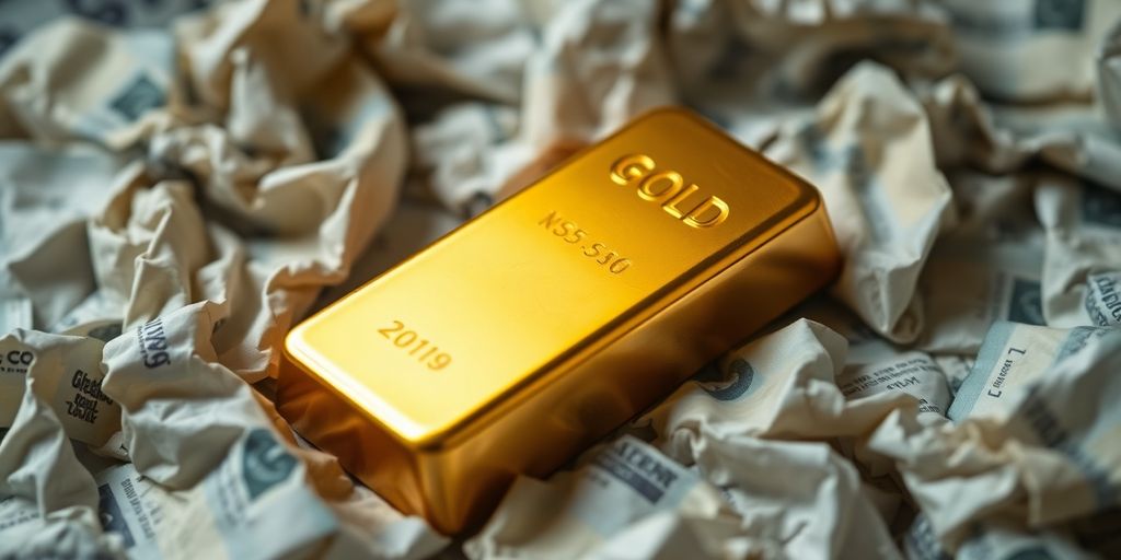 Un lingot d'or sur des billets froissés.