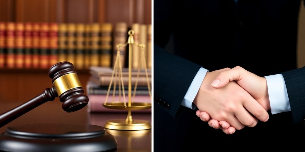 Courtroom gavel and handshake representing trial and settlement.