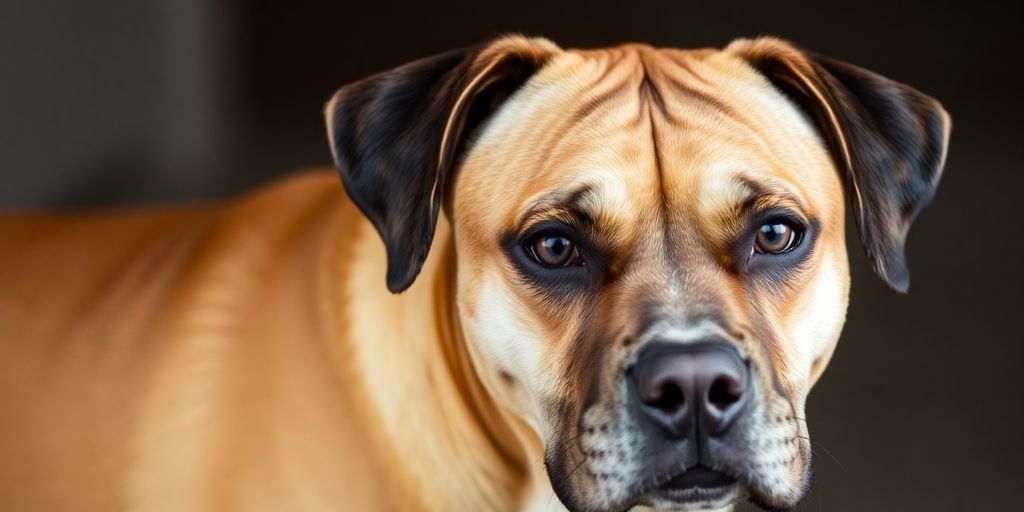Headshot of a happy Boxer Labrador cross.