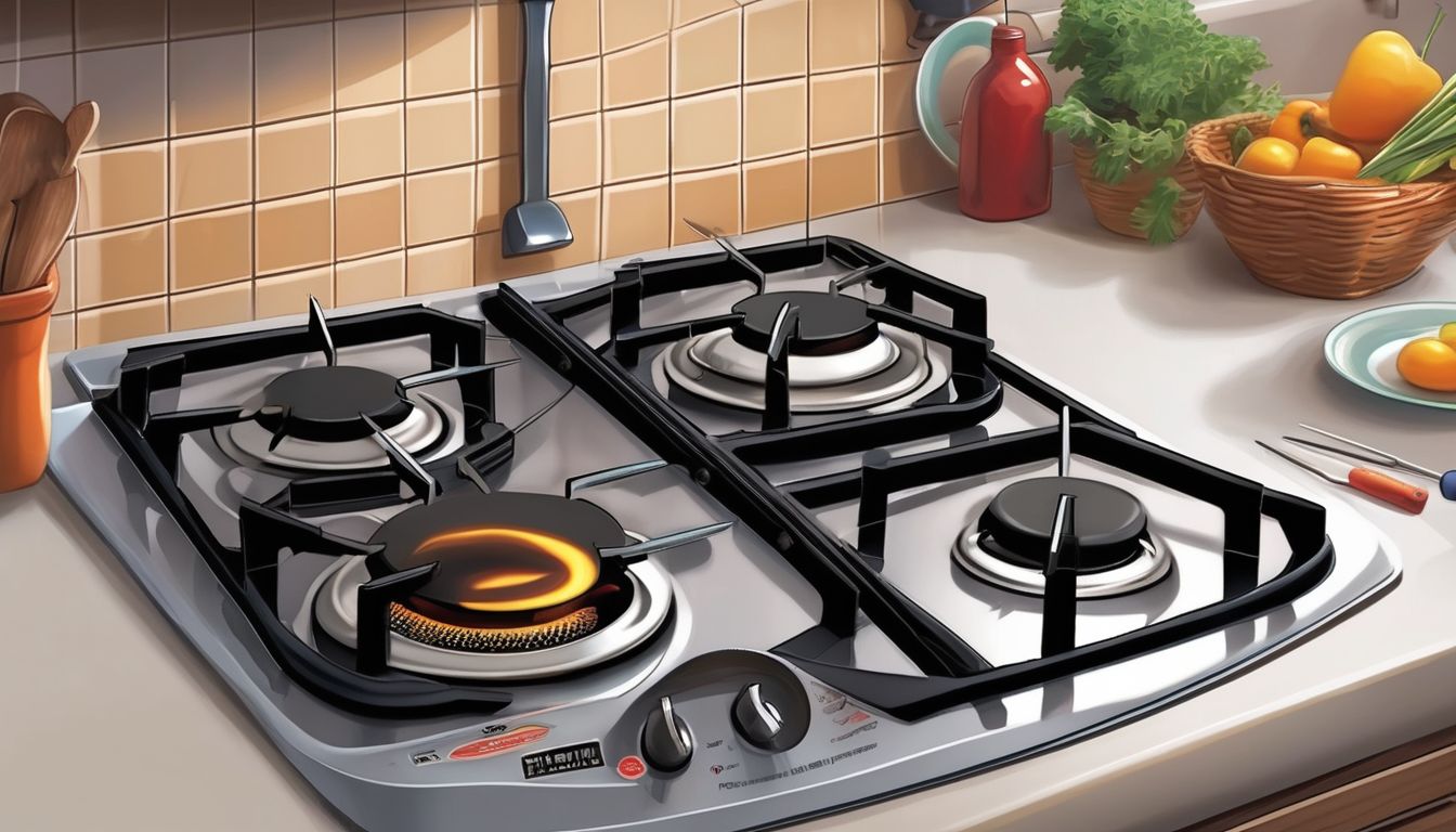 person repairing a gas stove in a kitchen