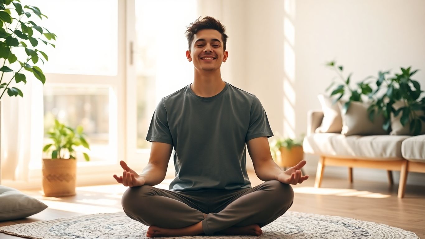 Person meditating by window, soft light, plants, tidy indoor space.