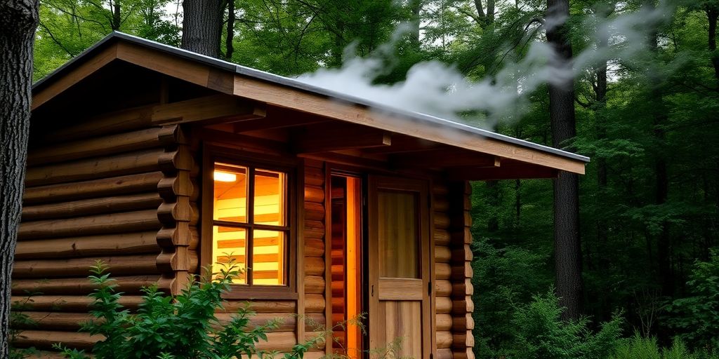 Cozy outdoor sauna with steam rising.
