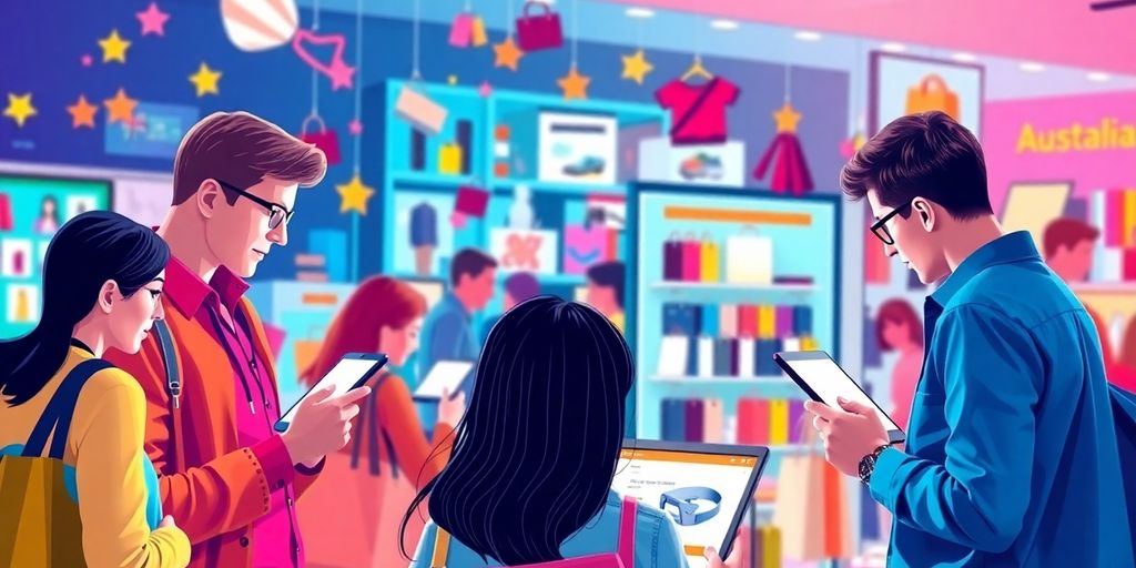 Diverse shoppers engaging in online retail activities.