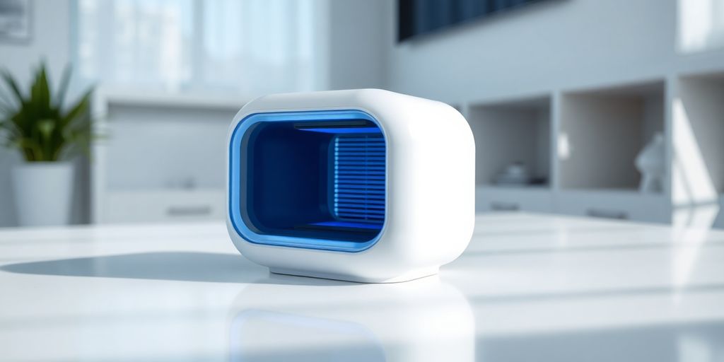 Un ioniseur d'air moderne dans un salon épuré.