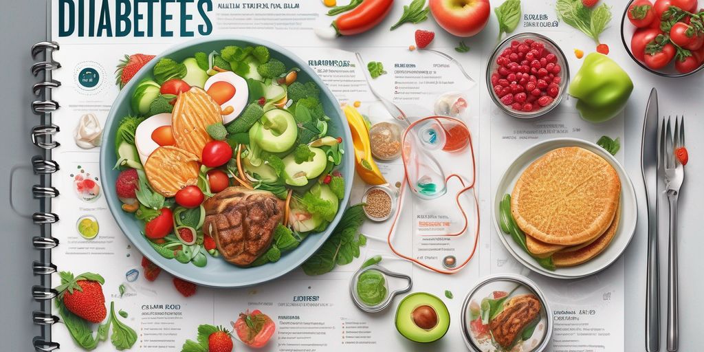 healthy meal plan for diabetes with food illustrations and medical elements