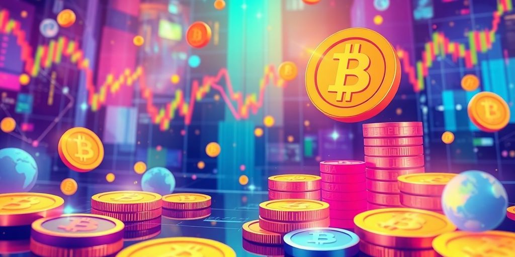 Futuristic trading environment with digital currencies and coins.