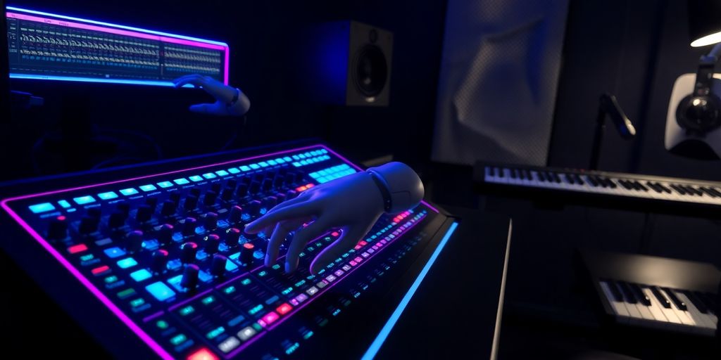 Robot hand and human hand adjusting knobs on neon-lit mixer