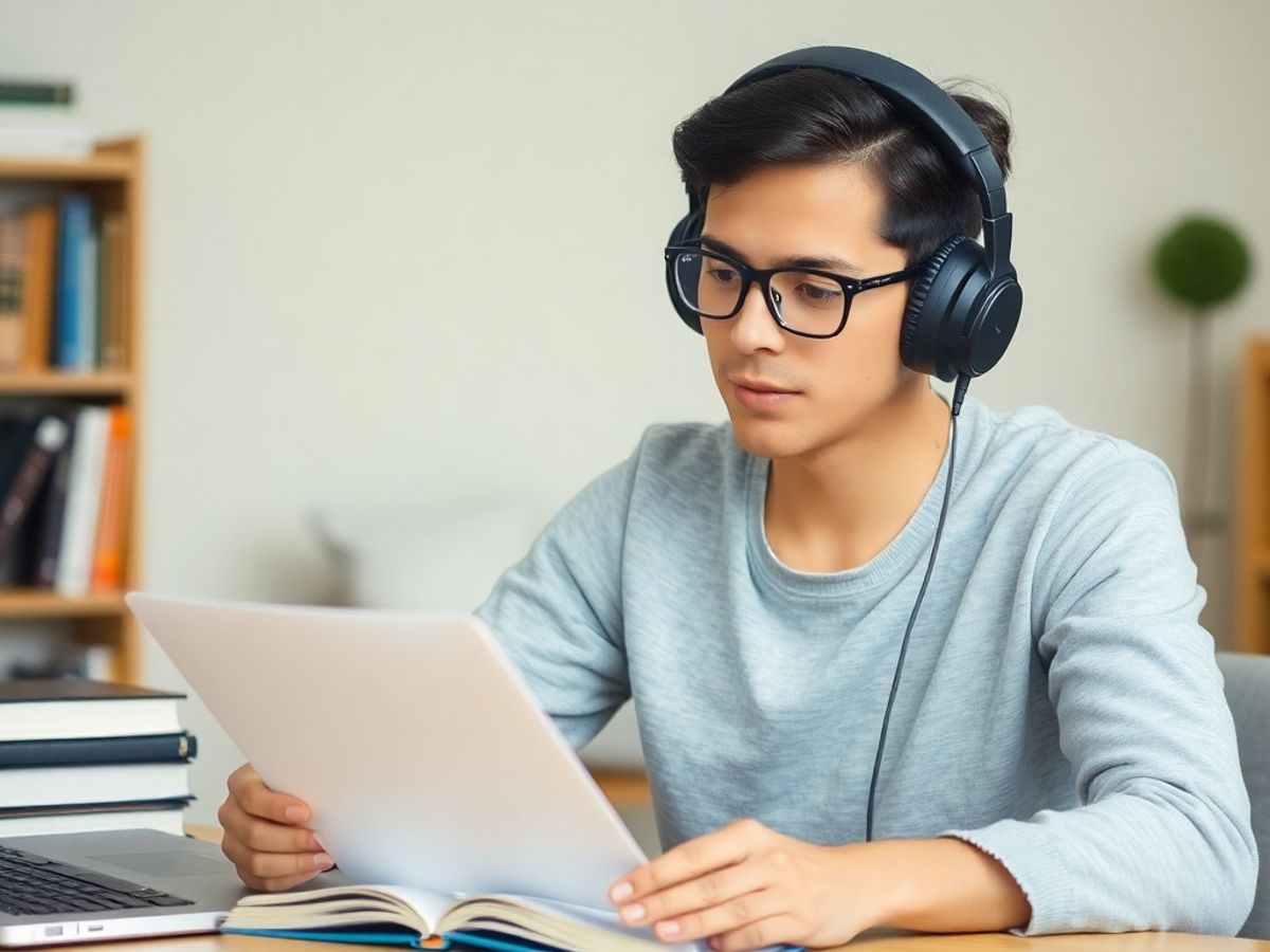 Student studying with headphones, enhancing listening skills.
