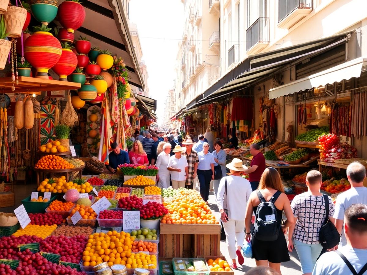 Vibrant stalls overflowing with fresh produce and local crafts.