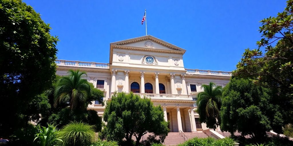 Edificio del Congreso Nacional de Argentina con bandera ondeando.