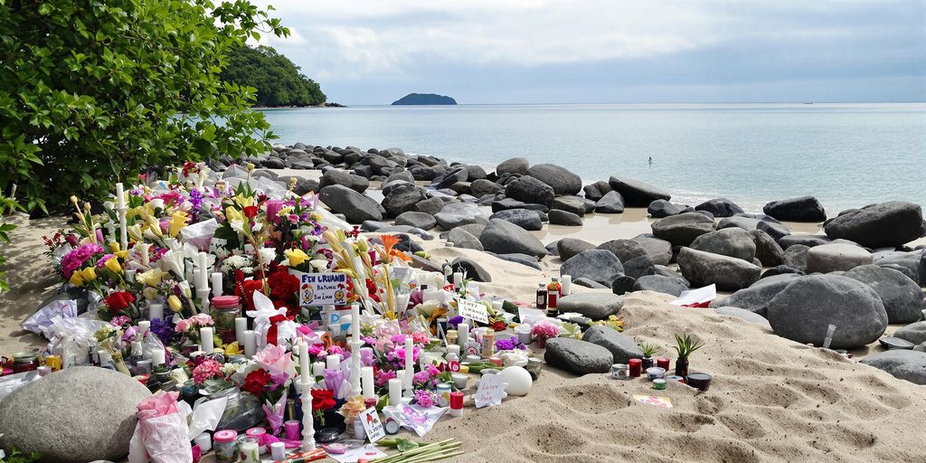 Memorial stones and flowers on a peaceful beach.