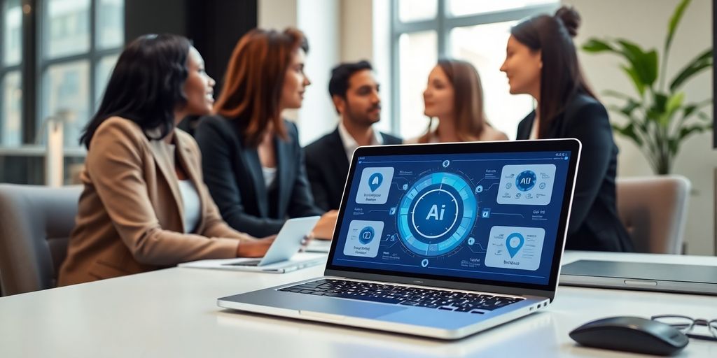 Business team collaborating with AI technology on a laptop.
