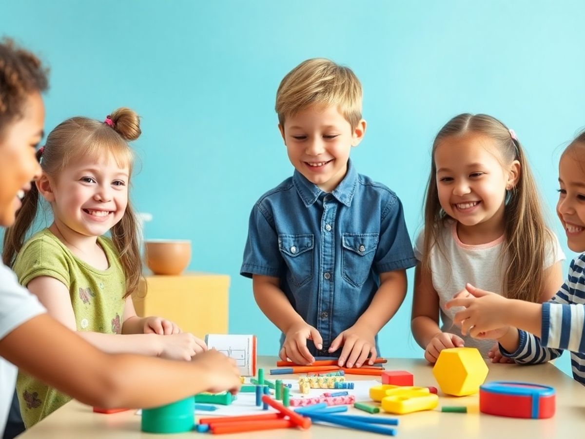Copii zâmbitori colaborând în activități creative.
