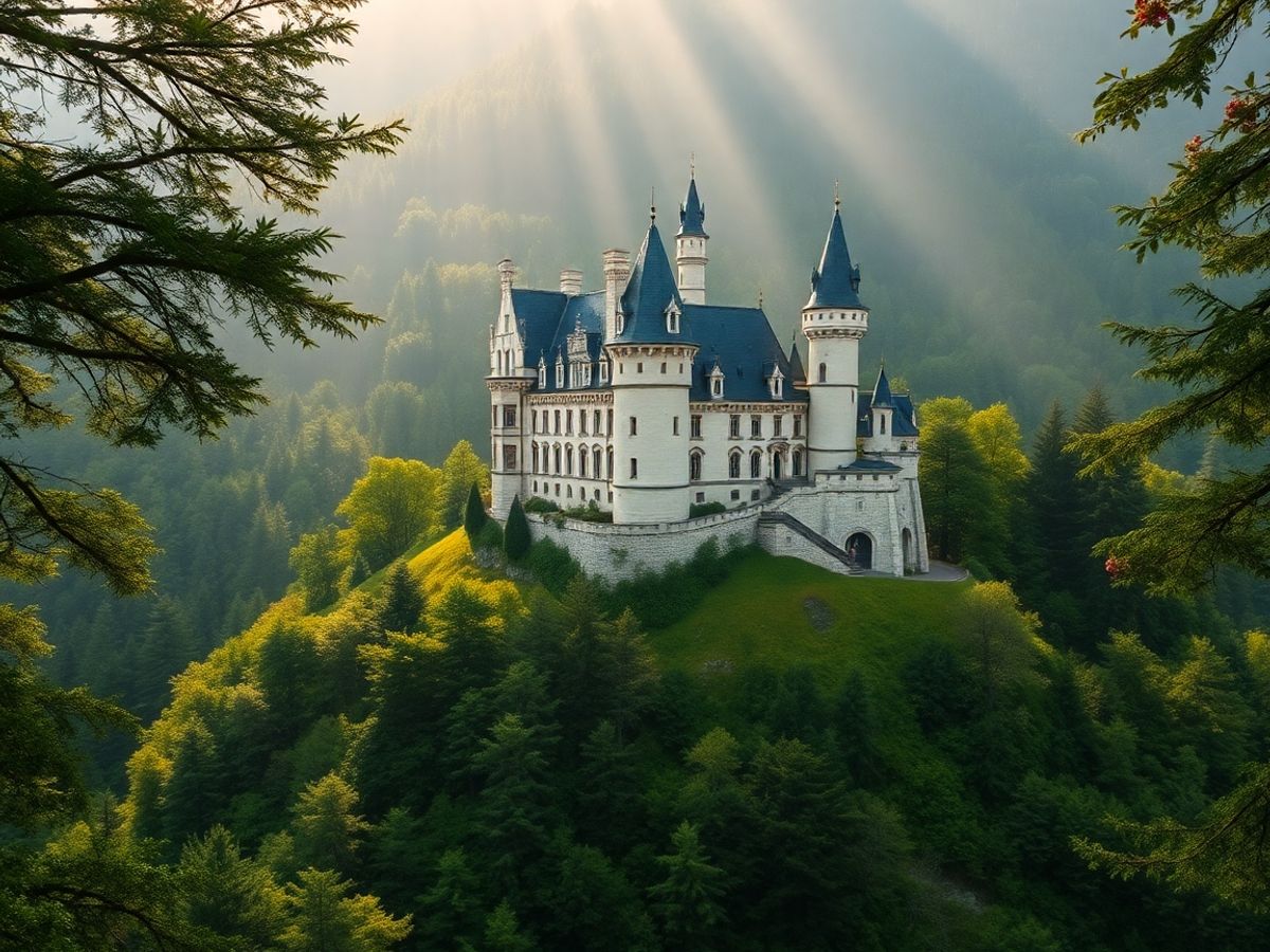 Castel medieval pe un deal înconjurat de pădure.