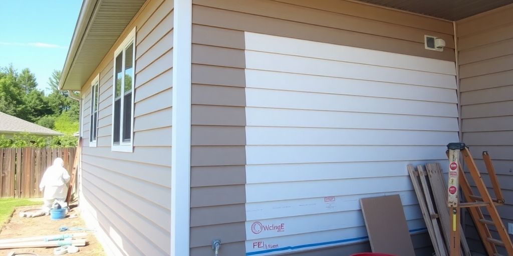 Home exterior with new siding being installed.