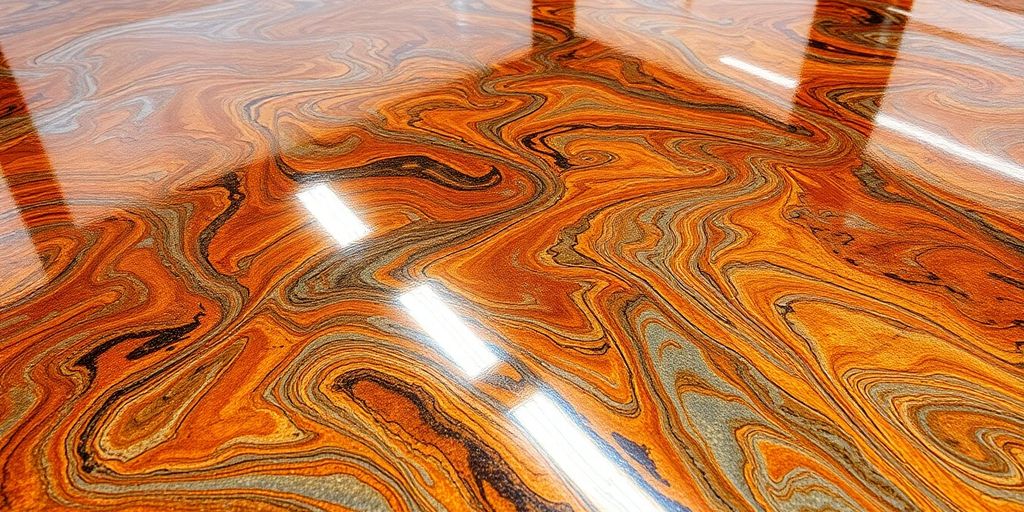Glossy metallic epoxy flooring with vibrant color swirls.