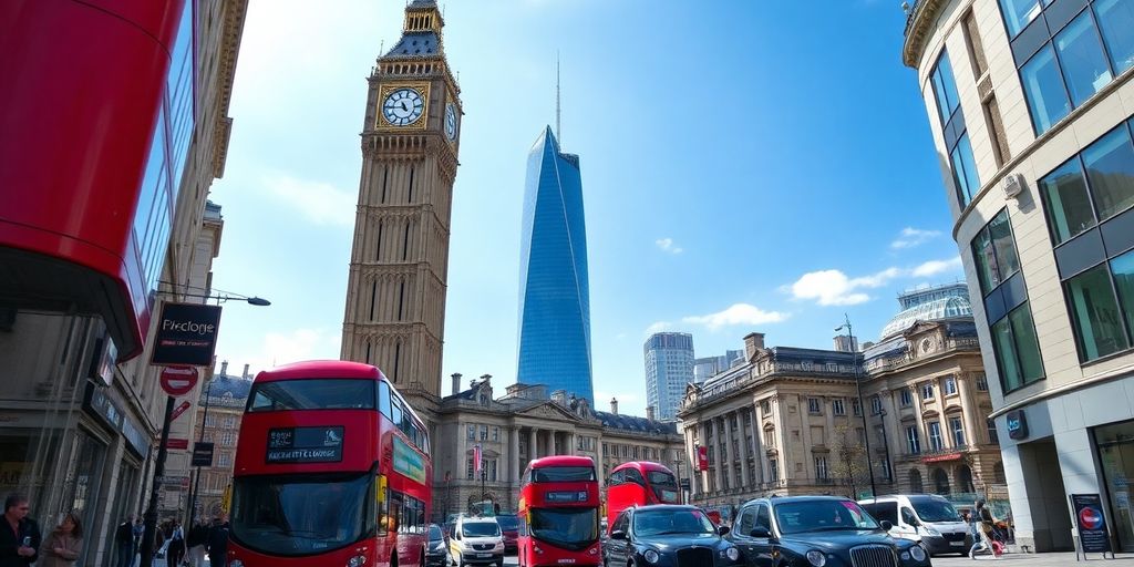 Busy city street with iconic landmarks