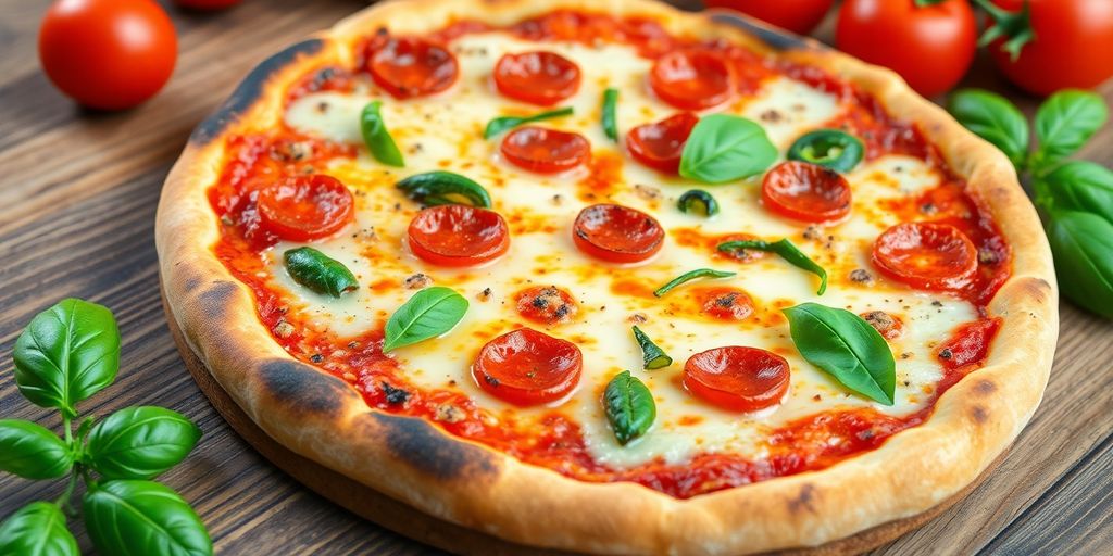 Freshly baked pizza with toppings and ingredients on table.