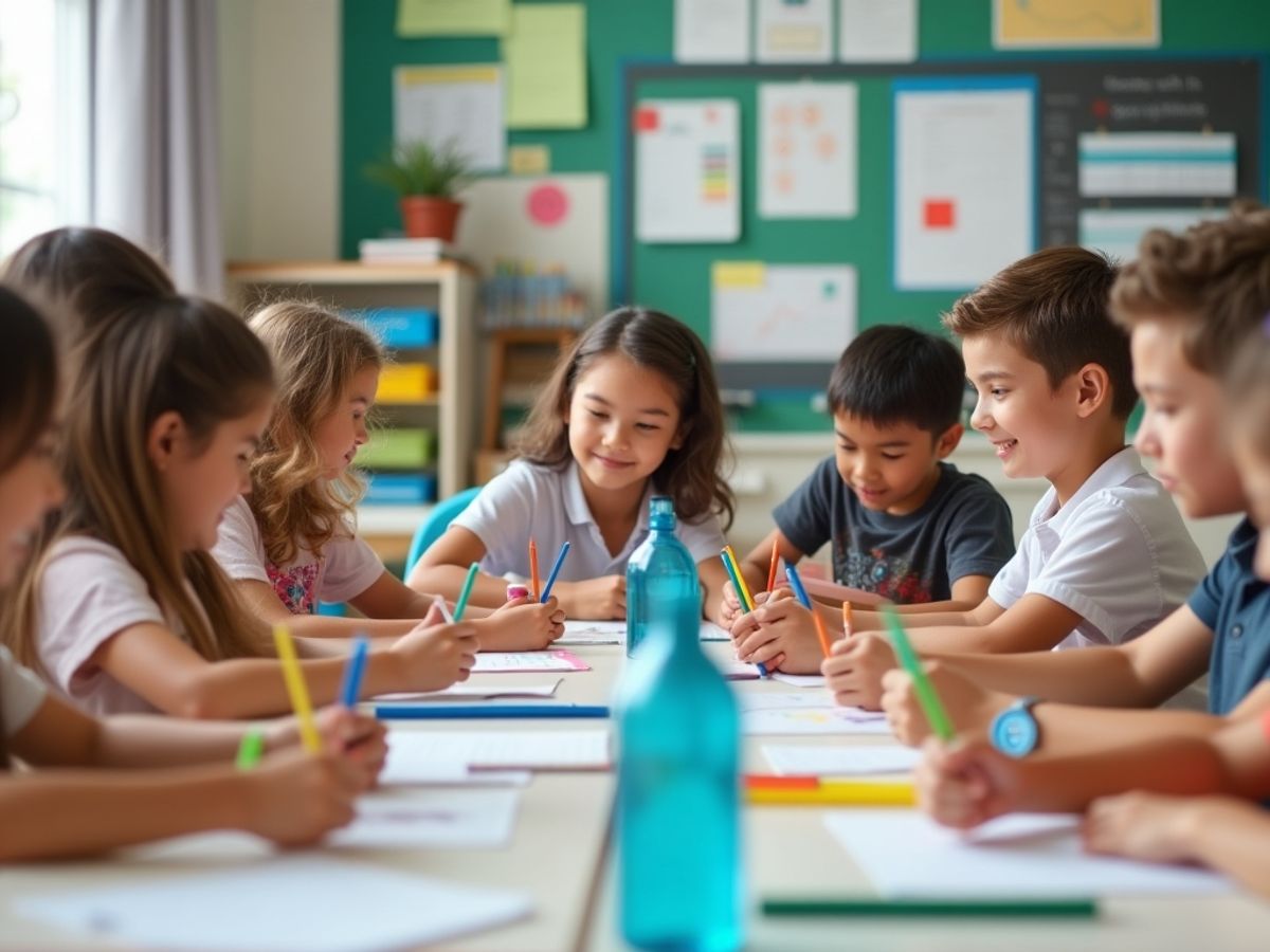 Clasă vibrantă cu elevi implicați în activități de învățare.