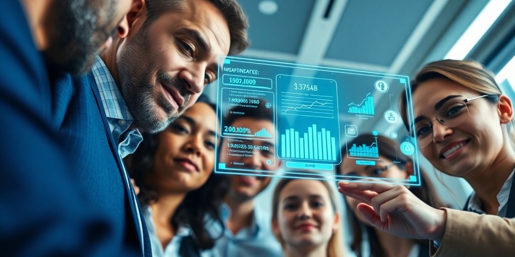 Diverse professionals collaborate, digital data streams around them.