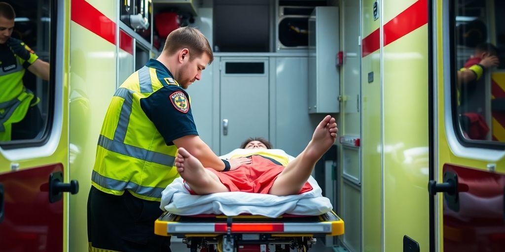 EMT helping patient inside ambulance.