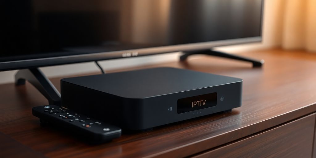 Sleek IPTV box with remote on a modern TV stand.-Top IPTV Boxes for 2025