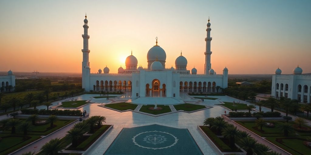 Sheikh Zayed Grand Mosque at sunset, white domes and gardens.