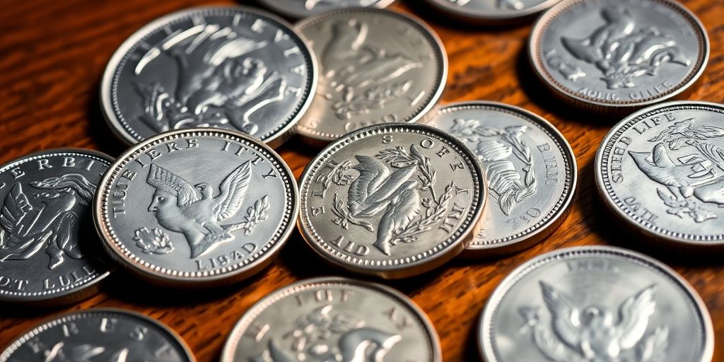 Close-up of rare silver dollars on wooden surface.