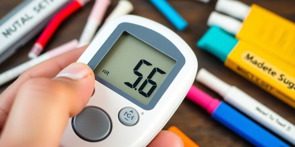 Close-up of a glucometer and diabetes management tools.
