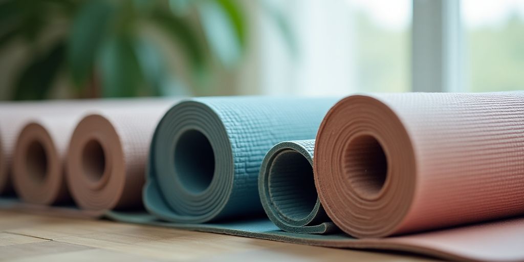 Verschiedene Yogamatten mit unterschiedlichen Dicken und Materialien.
