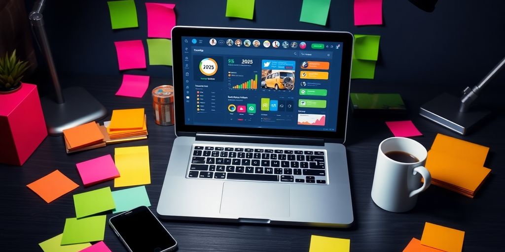 A workspace with laptop, colorful notes, and coffee cup.