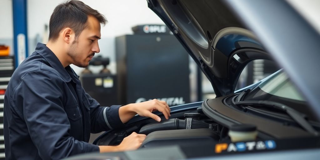 Mechanic inspecting a car engine with tools.