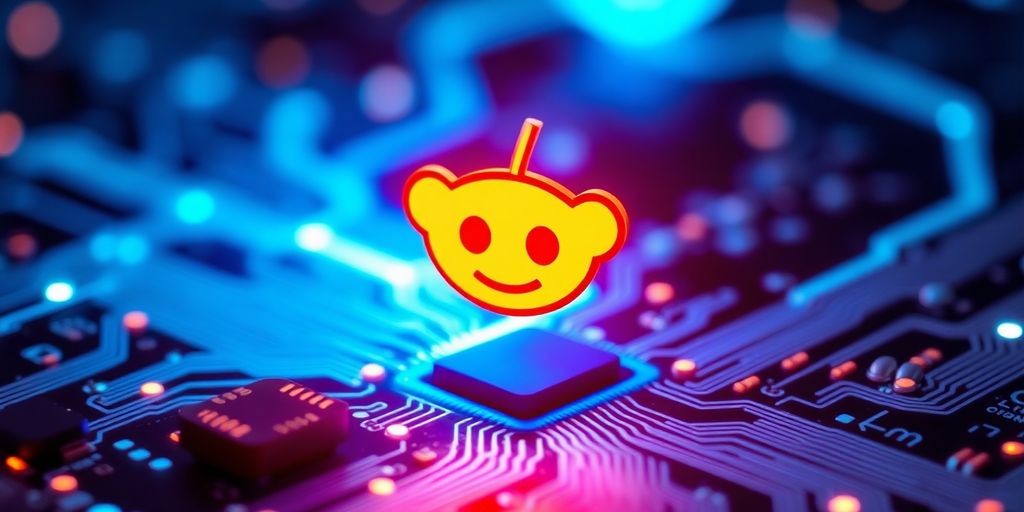 Glowing Reddit logo, circuit board, digital connections, blue light.