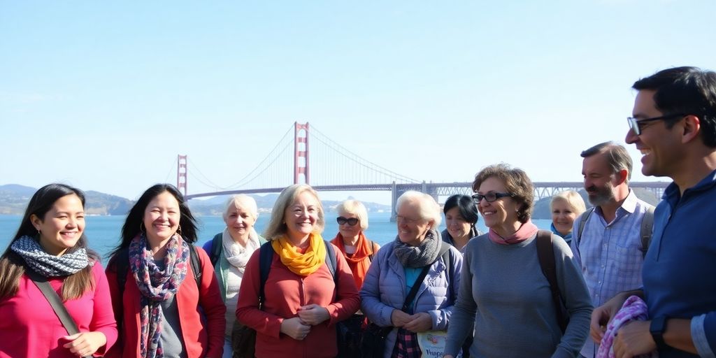 Diverse community members walk near Golden Gate Bridge in San Francisco.