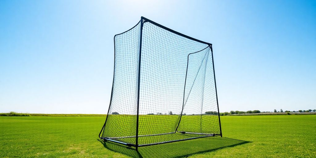 Durable golf practice net in use, clear sky background.