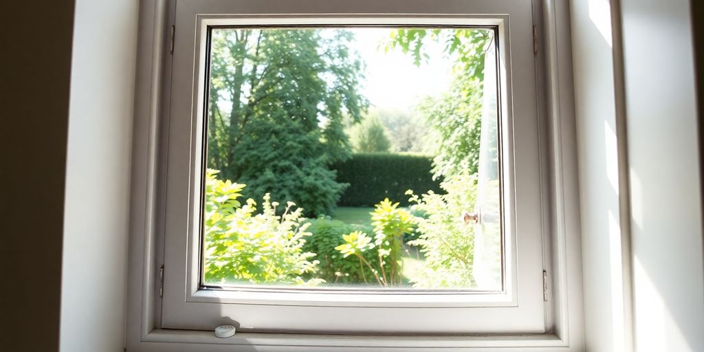 Elegant white casement window, green garden view.