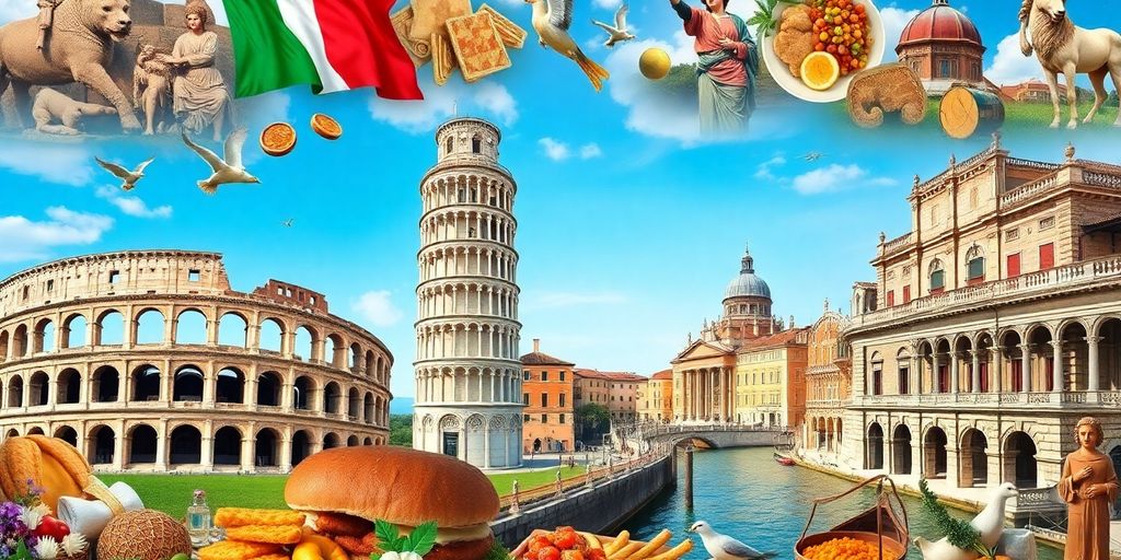 Collage of Italy's famous cultural attractions and landmarks.