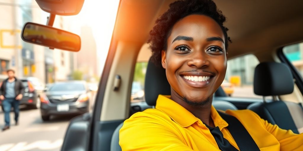 Yellow cab driver smiling in modern taxi.