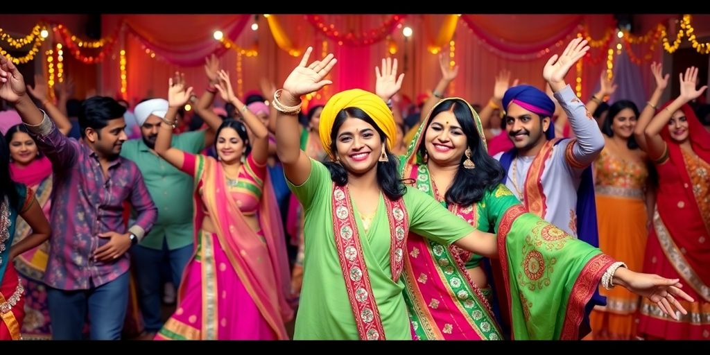 People dancing bhangra in colorful traditional costumes.