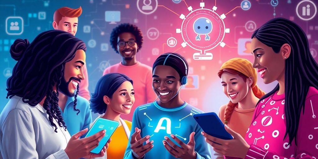 Diverse people engaging with AI technology in a digital setting.