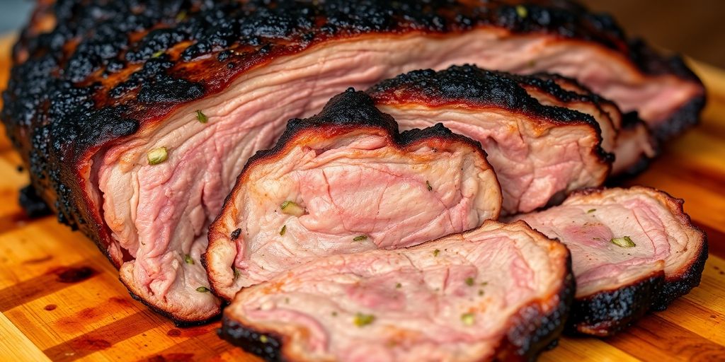 Close-up of sliced brisket on a wooden cutting board.
