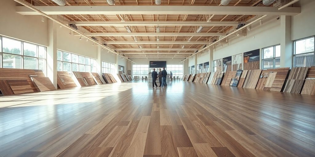 Brightly lit, sprawling tile and flooring showroom.