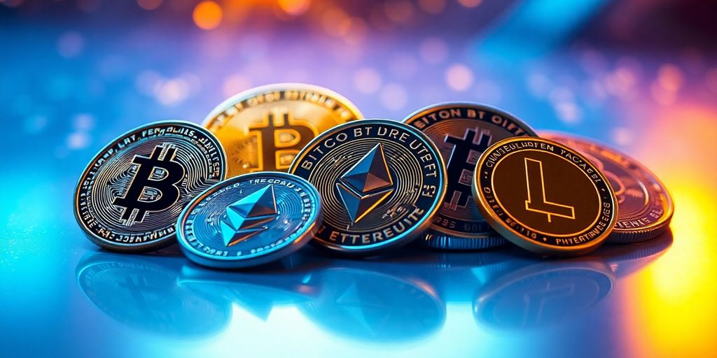 Shiny Bitcoin, Ethereum, and Litecoin coins on reflective circuit board.